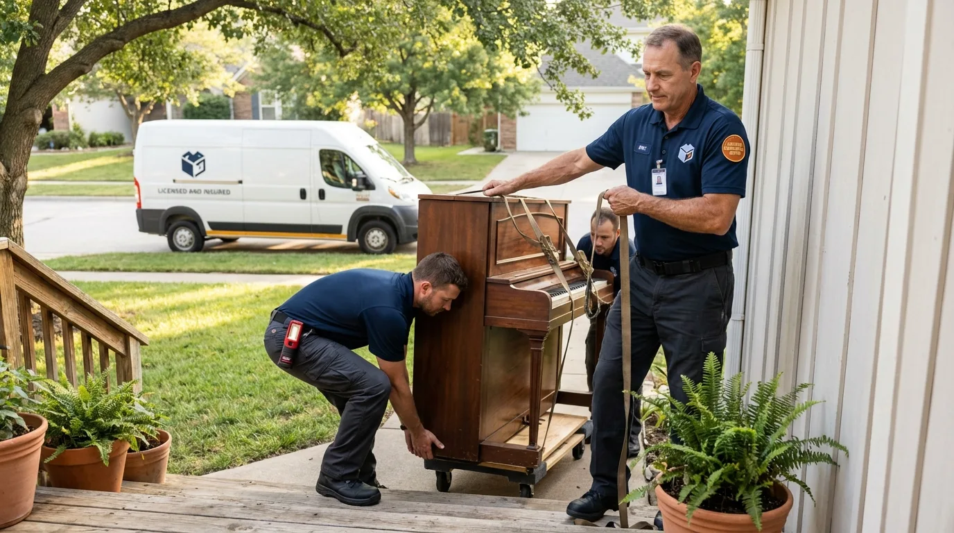 Licensed piano movers securing grand piano in Converse, IN
