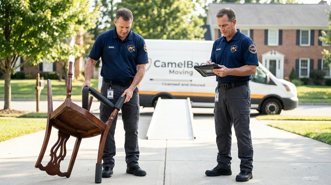 Movers inspecting furniture for damage prevention before loading in Converse, IN