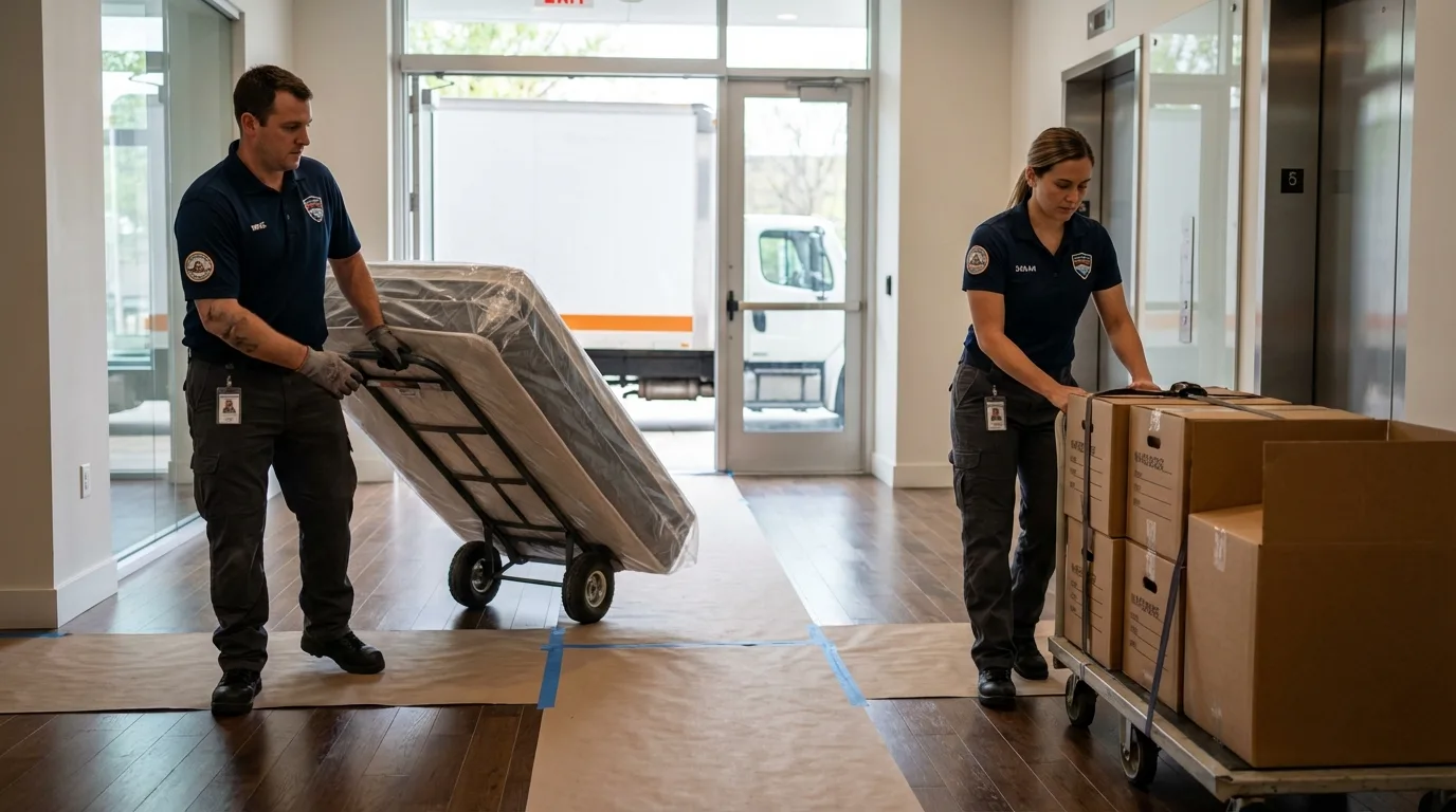 Professional apartment movers loading elevator in Converse, IN